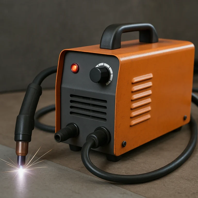 Compact orange plasma cutter in operation, producing sparks on a metal surface in a workshop setting.