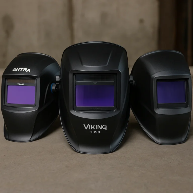 Three auto darkening welding helmets—Antra DP9-04, Lincoln Electric Viking 3350, and Jackson Safety 46148—lined up on a concrete surface in a workshop setting, showing their lens designs and matte finishes.
