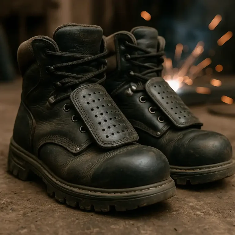 A pair of well-worn black leather work boots with reinforced toes and rugged soles, placed on a concrete surface next to welding tools.