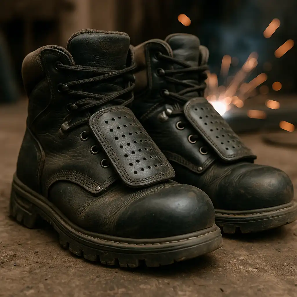 A pair of well-worn black leather work boots with reinforced toes and rugged soles, placed on a concrete surface next to welding tools.