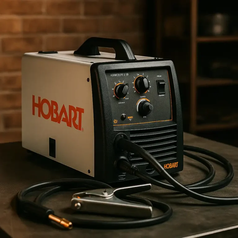 A welder working on an aluminum piece in a workshop, with bright sparks illuminating the work area, alongside a Hobart Handler 140 MIG welder positioned on a sturdy metal table.