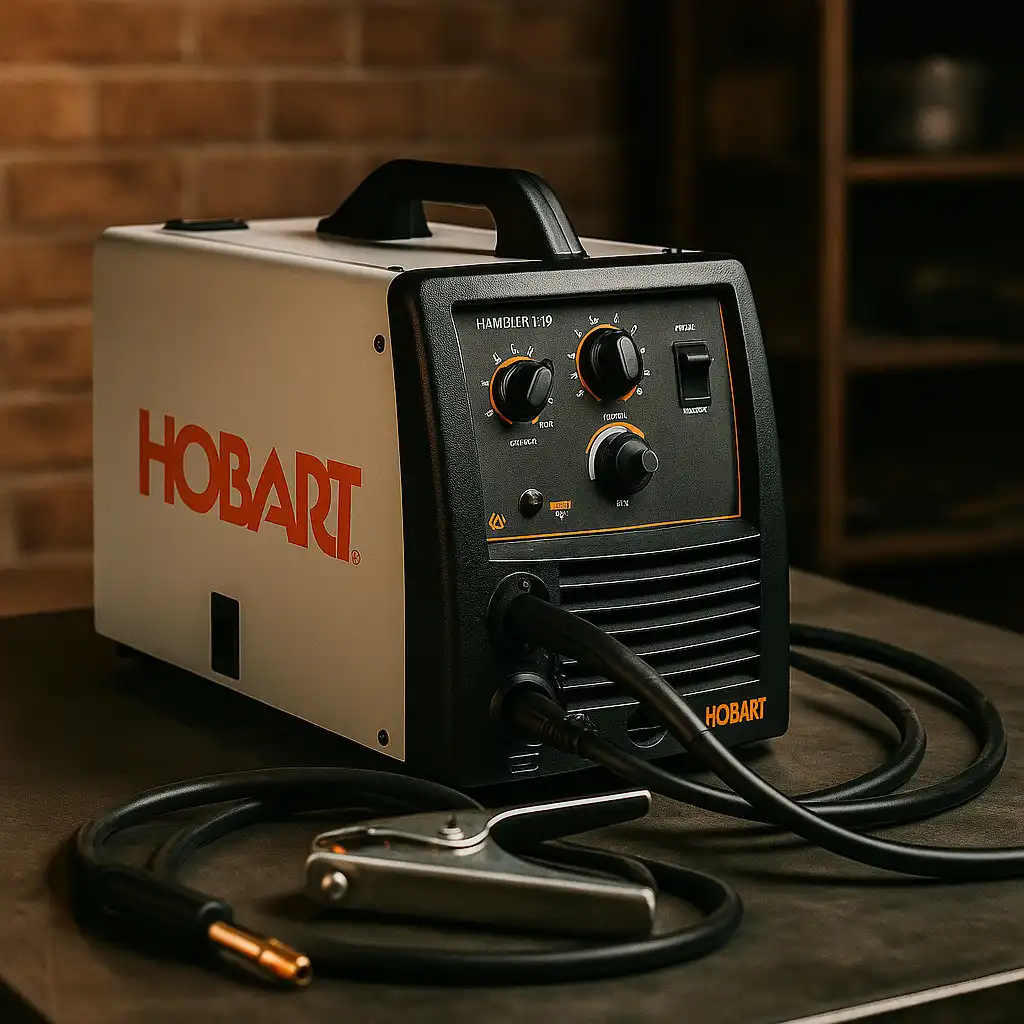 A welder working on an aluminum piece in a workshop, with bright sparks illuminating the work area, alongside a Hobart Handler 140 MIG welder positioned on a sturdy metal table.