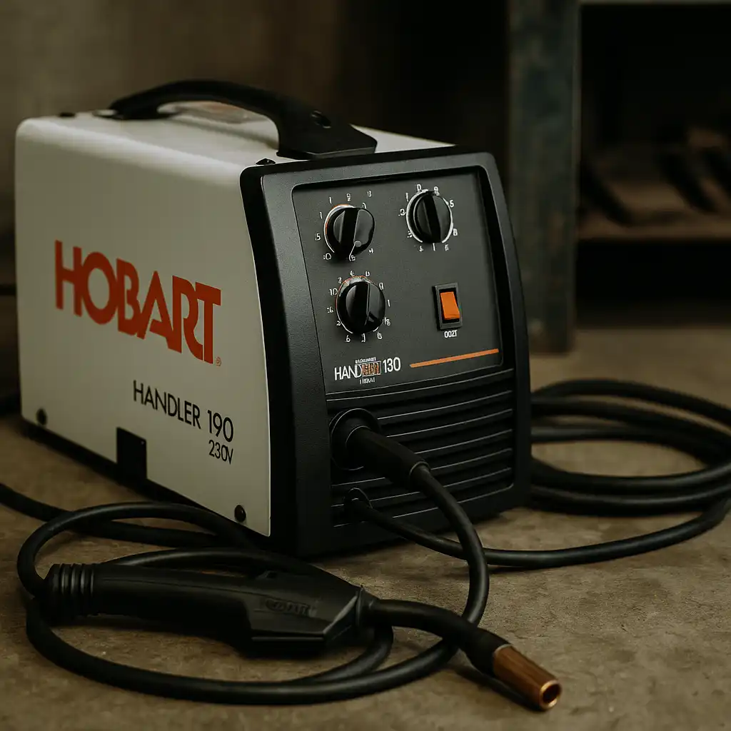 Hobart Handler 190 MIG welder placed on a workshop bench, with its control panel clearly visible and welding cables neatly coiled beside it.