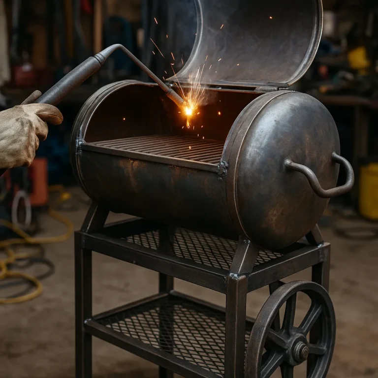 A close-up of a handmade barbecue grill frame being welded inside a small garage workspace, sparks flying as the arc meets the steel