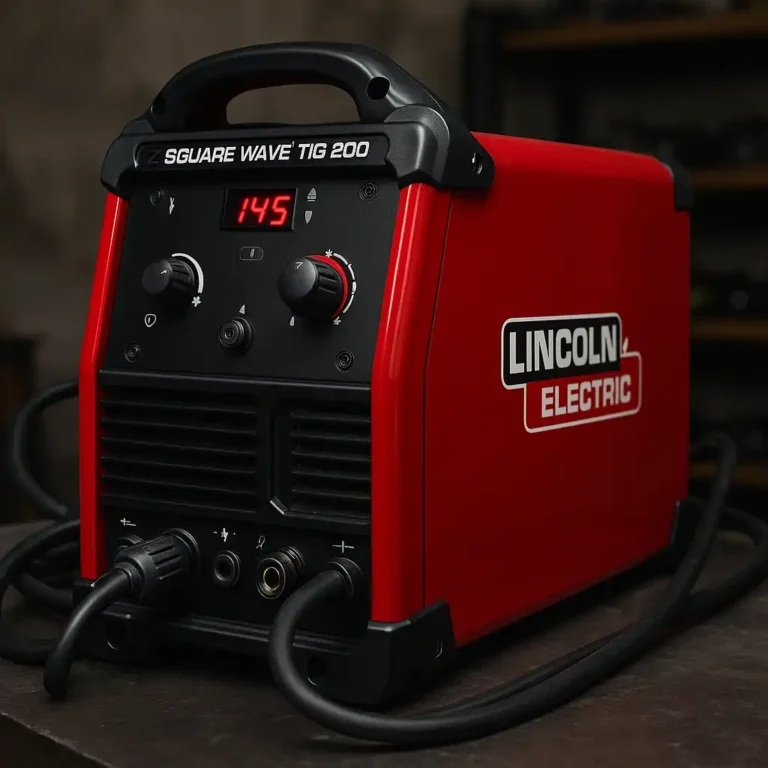 A Lincoln Electric Square Wave TIG 200 welding machine in bright red sits on a workbench, with visible control knobs and cables, set against a blurred workshop background.
