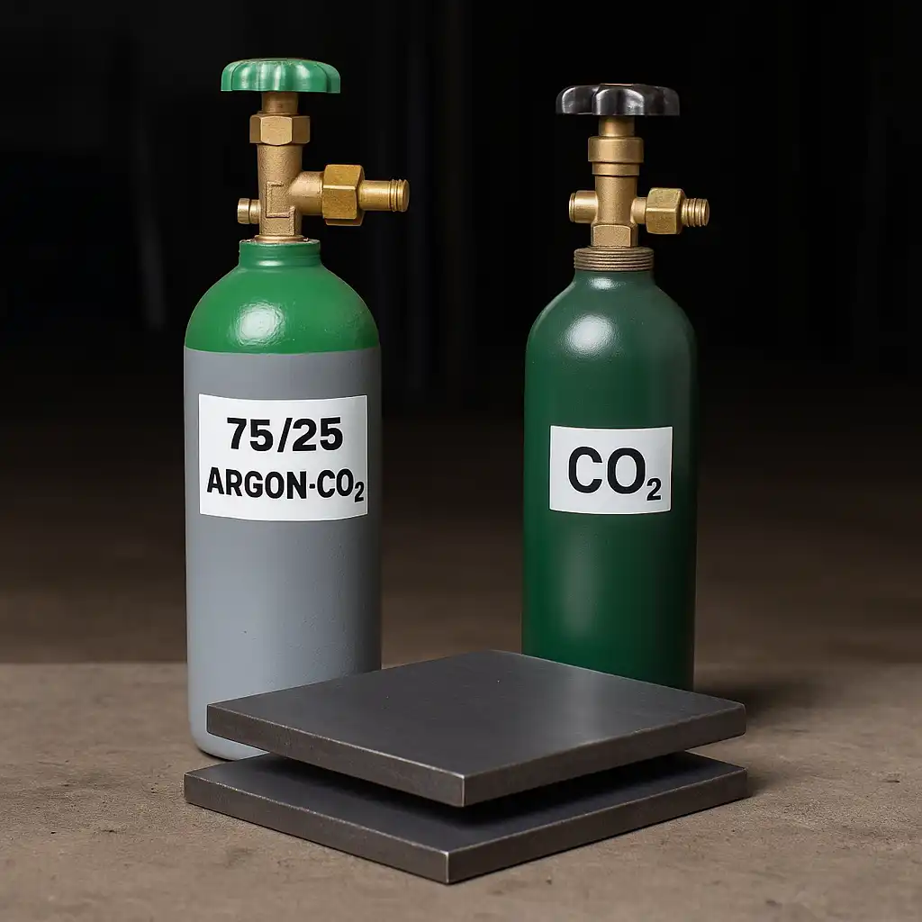 Two gas cylinders labeled 75/25 Argon-CO₂ and CO₂ next to two mild steel pieces prepared for MIG welding.