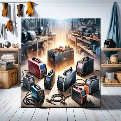 Assortment of MIG welders in a well-organized home workshop setting, showcasing options for home welding projects.