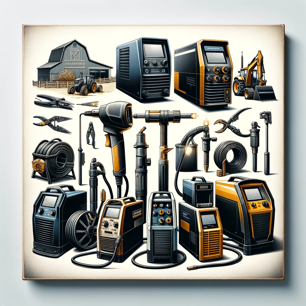 Assortment of welders for farm use, depicting stick, MIG, TIG, and flux-cored machines with agricultural backdrop, showcasing versatility for farm maintenance.