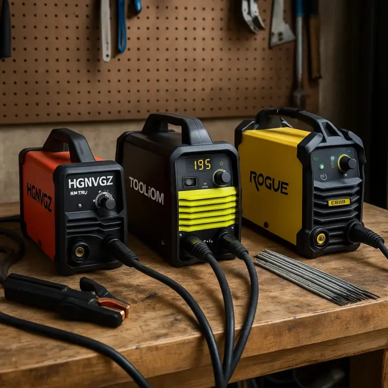 Three stick welders for beginners on a workbench: HGNVGZ Super Mini 110V, TOOLIOM 195A Dual Voltage, and ESAB Rogue ES 130i, with cables and rods ready for use.