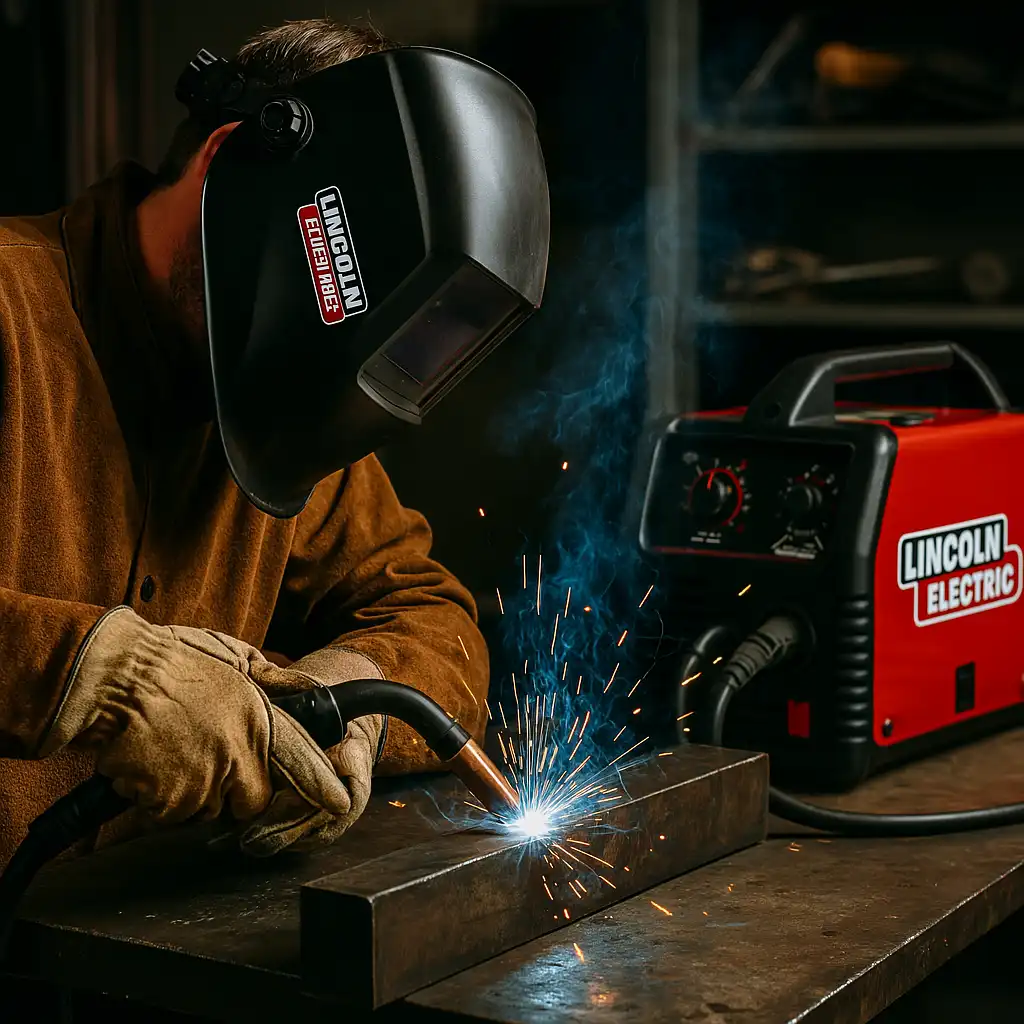 A close-up of a welder using a Lincoln Electric MIG welder to fuse two steel plates, with visible sparks and a red Lincoln welder unit in the background.