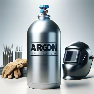 Argon gas bottle for welding with label, alongside welding helmet and gloves, symbolizing high precision in welding tasks.