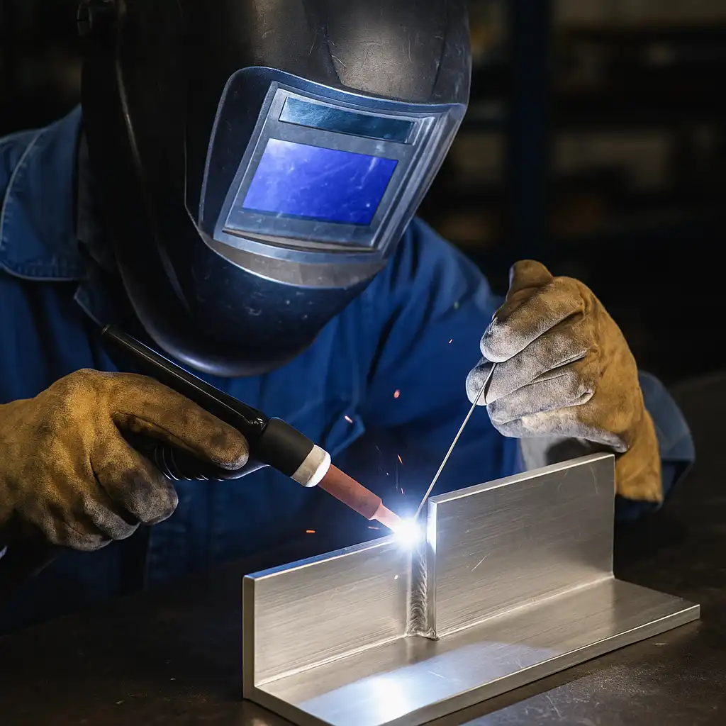 A welder working on an aluminum piece in a workshop, with bright sparks illuminating the work area.