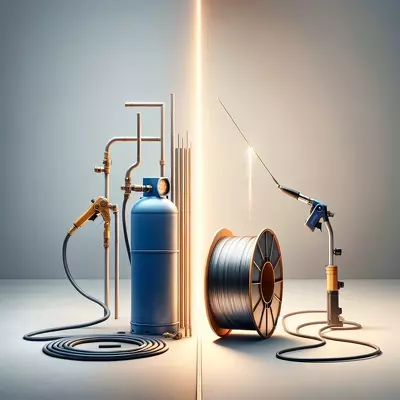 Contrast between gas shielded and gasless MIG welding setups showcasing the techniques' distinct approaches.