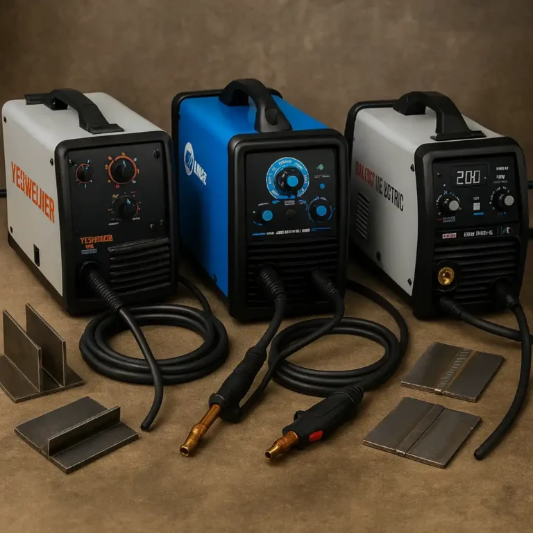 A set of three MIG welders arranged on a workshop surface, showing beginner-friendly welding machines with torches and steel test pieces.