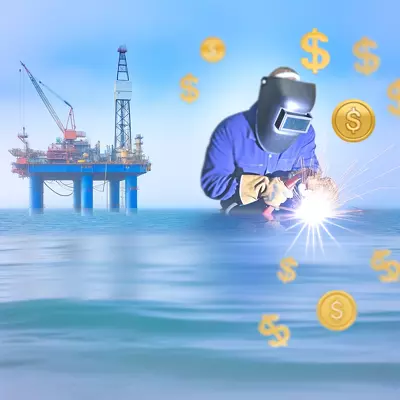 Welder on oil rig demonstrating the lucrative career in welding, symbolized by financial success.
