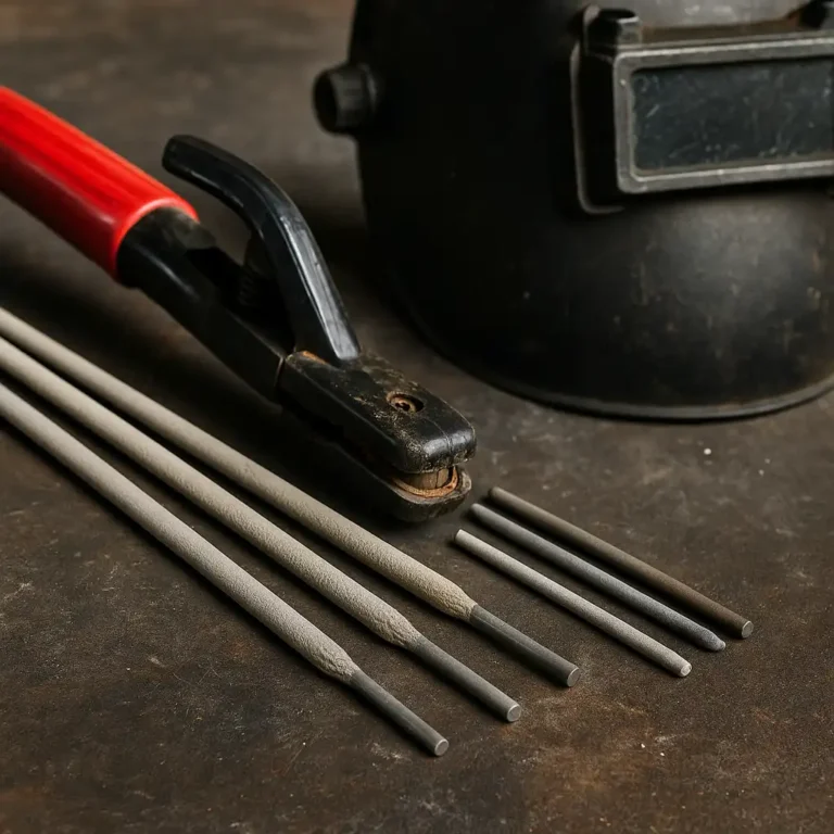Close-up of different types of welding rods in various sizes laid out on a metal workbench with an electrode holder and welding helmet in the background.