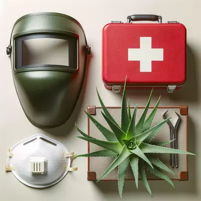 First aid kit, aloe vera plant, and welding mask symbolizing welding burn treatment and natural healing.