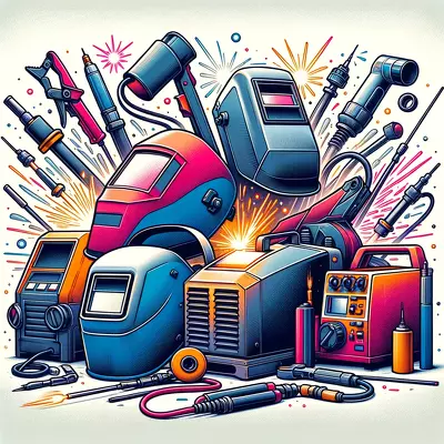 Illustration of MIG, TIG, and stick welding equipment with colorful sparks, ideal for beginners.