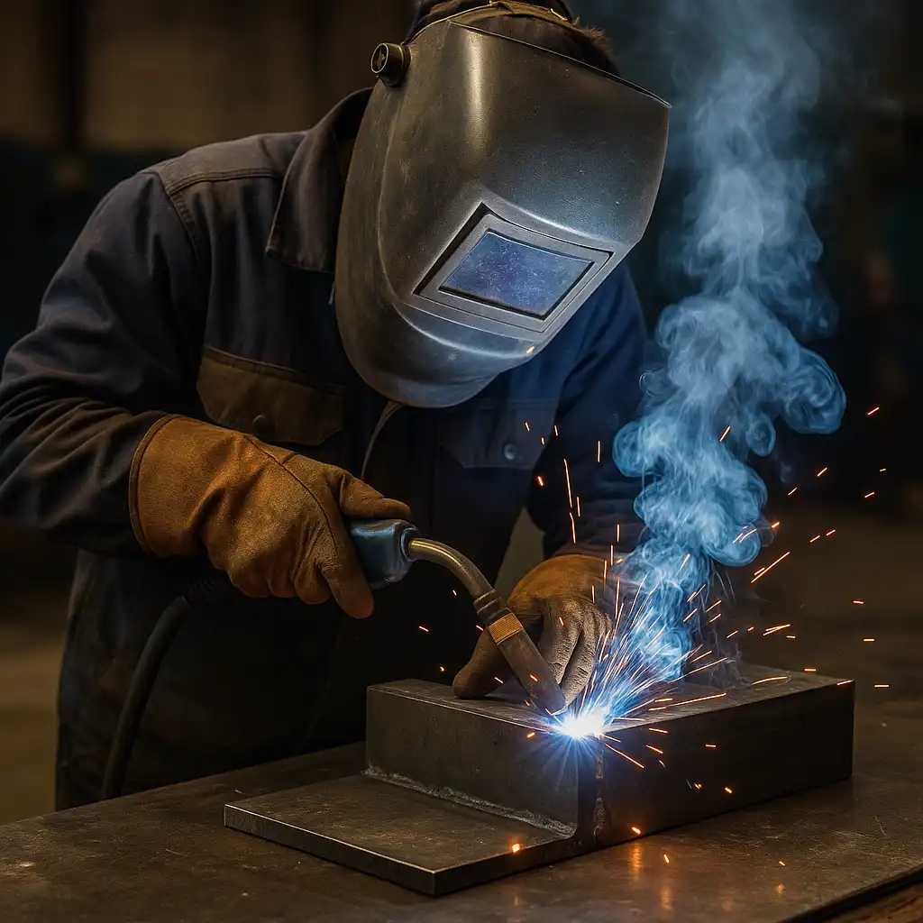 A photograph captures a welder at work fusing two thick steel plates with a MIG torch in a dimly lit workshop, as sparks and smoke rise during the welding process.