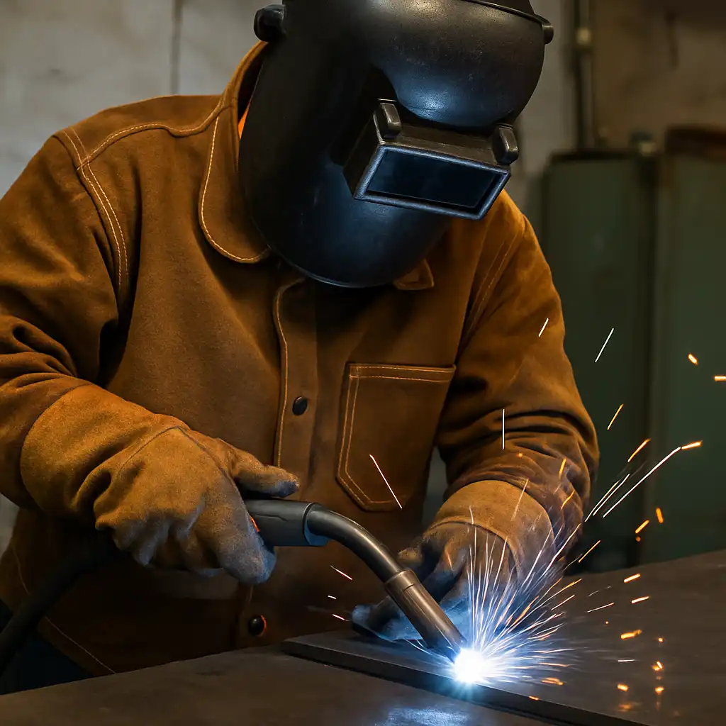 A photograph captures a welder at work in a workshop, wearing safety gear and welding metal with bright sparks flying.