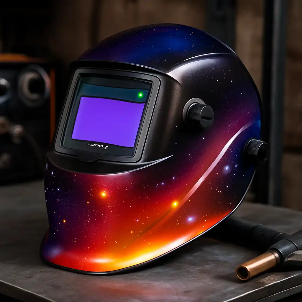 A photograph features a modern Tekware auto-darkening welding helmet with a large viewing area and sleek design, placed against a neutral background.