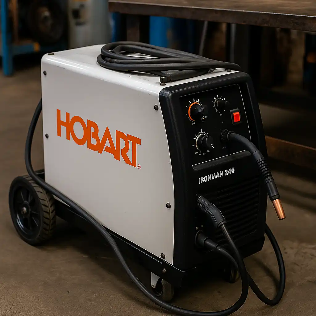 A digital photograph features a Hobart IronMan 240 MIG welder positioned in a well-lit workshop, surrounded by metalworking tools and welding equipment.