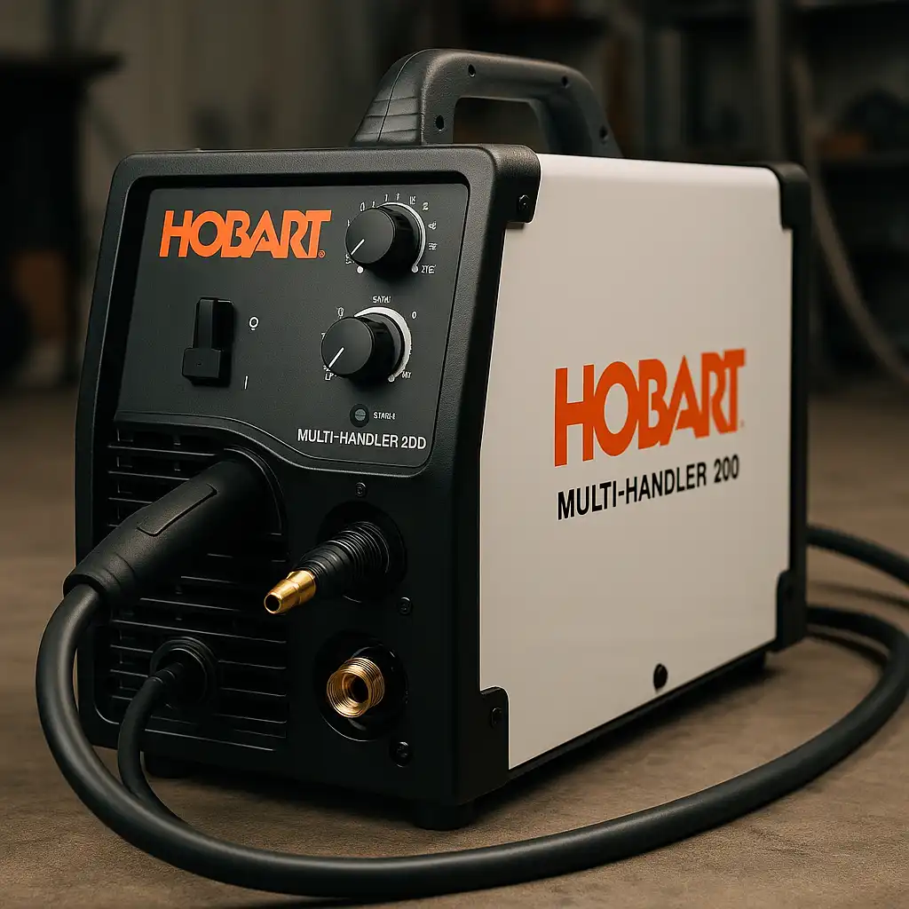 A Hobart Multi-Handler 200 multiprocess welder with MIG torch and cables displayed on a clean white background.