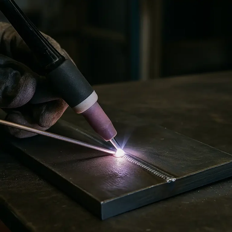 A close-up of a welder performing TIG welding on a steel workpiece, showcasing precise torch control and bright arc.