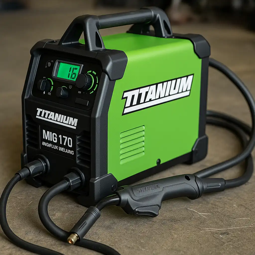 A photograph showcases a Titanium MIG 170 MIG/Flux-Core welding machine placed on a metal workbench, surrounded by tools in a garage workshop setting.