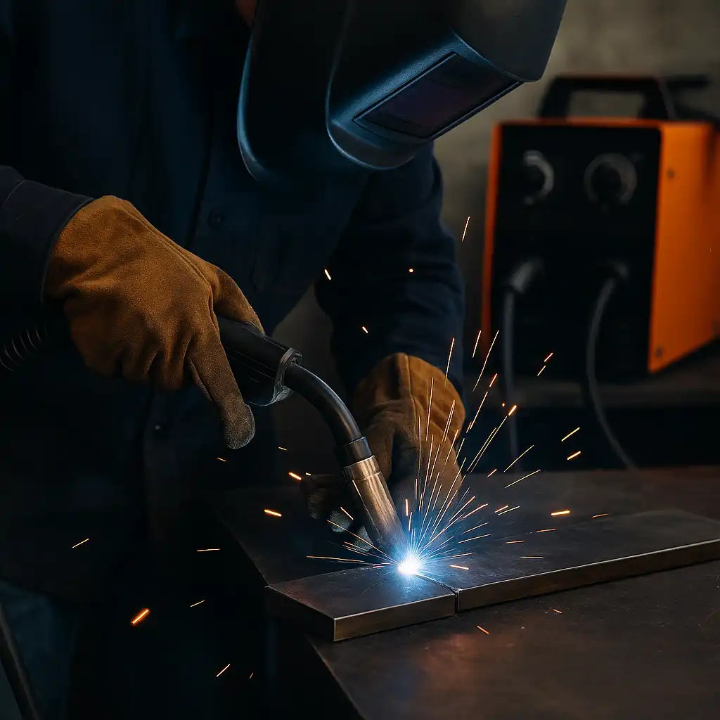 A photograph captures a welder in the process of using a wire feed welder, focusing on the welding arc and the steady movement along a metal workpiece.