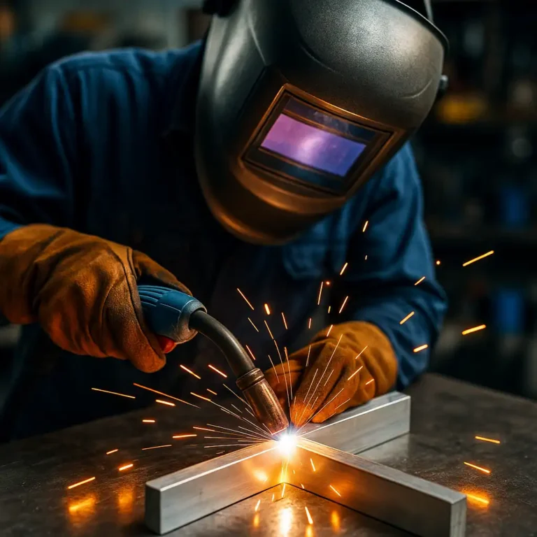A welder working on an aluminum piece in a workshop, with bright sparks illuminating the work area.