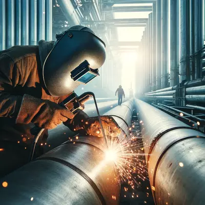 Welder in protective gear skillfully welding a large metal pipe, capturing the high value of industrial pipe welding.