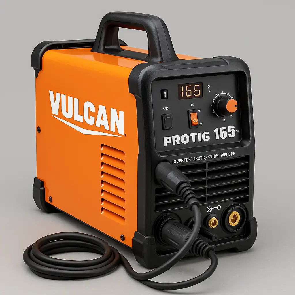 A digital photograph features a Vulcan ProTIG 165 inverter welder with orange casing and black accents, placed on a gray background, showing the control panel and cables.