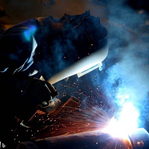 Welder in action, welding a piece of cast iron with sparks flying.