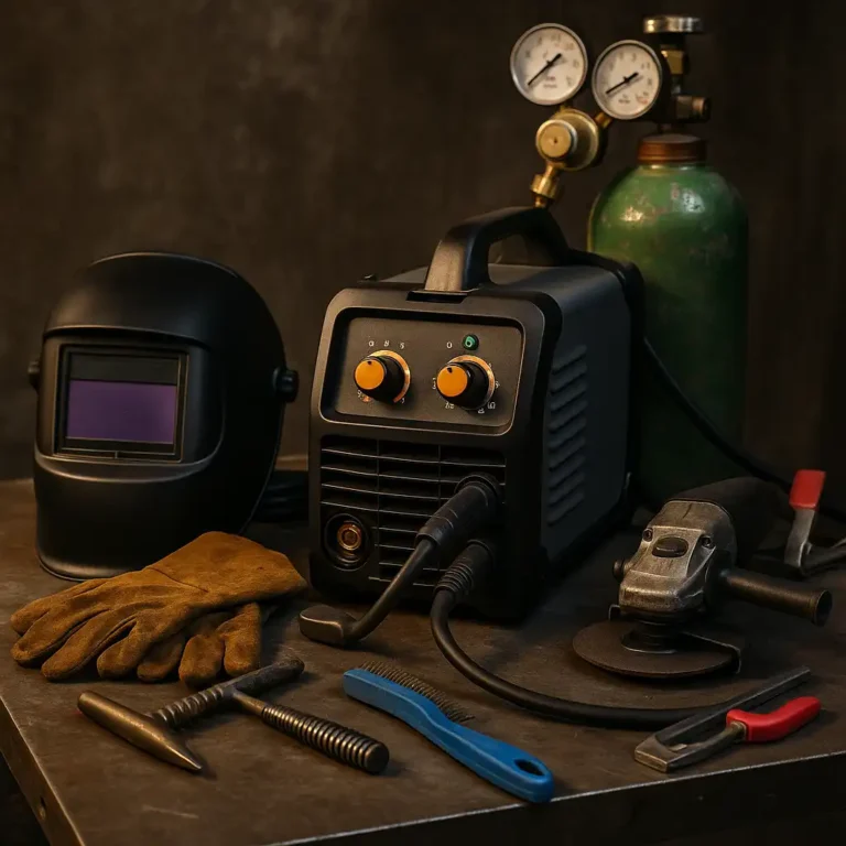 A welder working on an aluminum piece in a workshop, with bright sparks illuminating the work area, surrounded by essential welding tools like a helmet, gloves, clamps, and a MIG welder on a steel workbench.