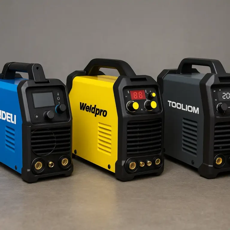 Three TIG welding machines—ANDELI TIG-205 PRO, Weldpro 200A, and TOOLIOM 200A—are lined up on a metal workbench in a bright workshop, each with connected torches and visible digital displays.