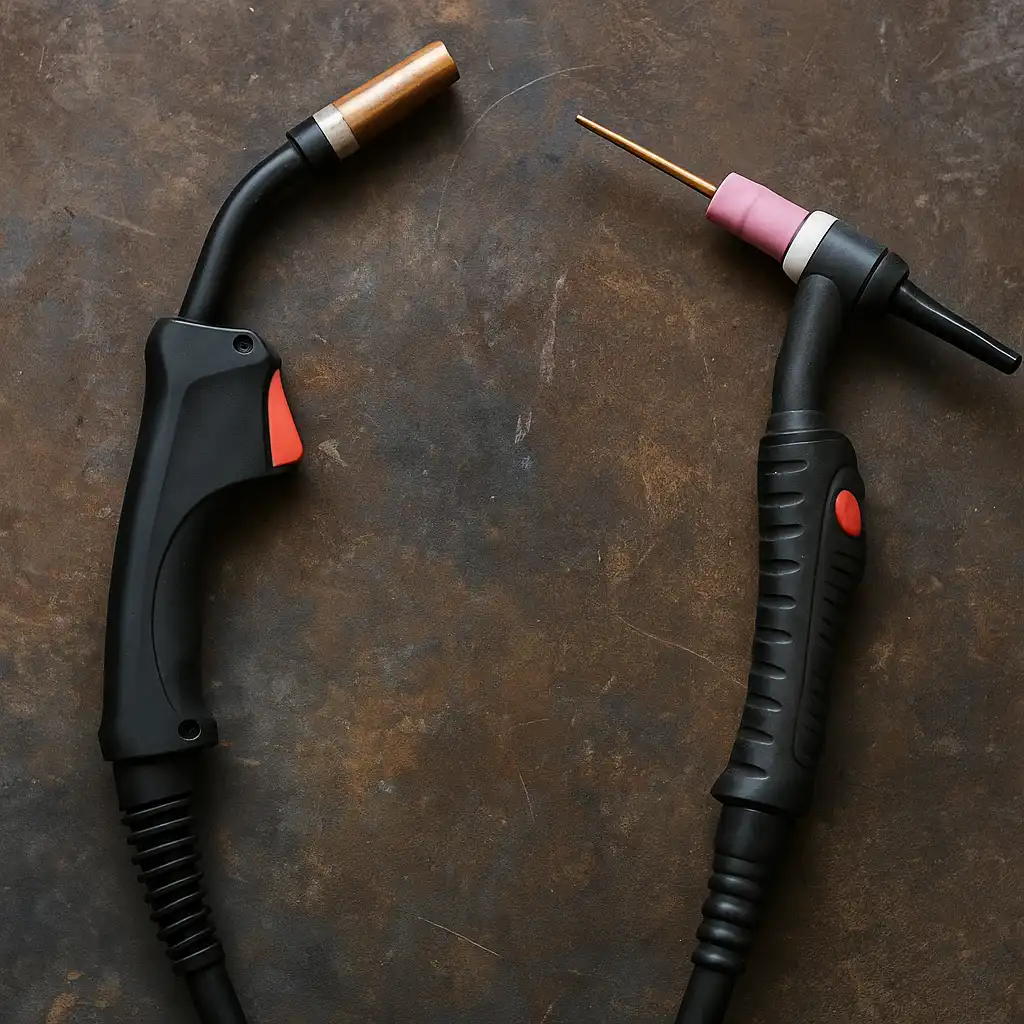 A MIG welding torch and a TIG welding torch placed side by side on a rustic metal surface, highlighting their design differences.