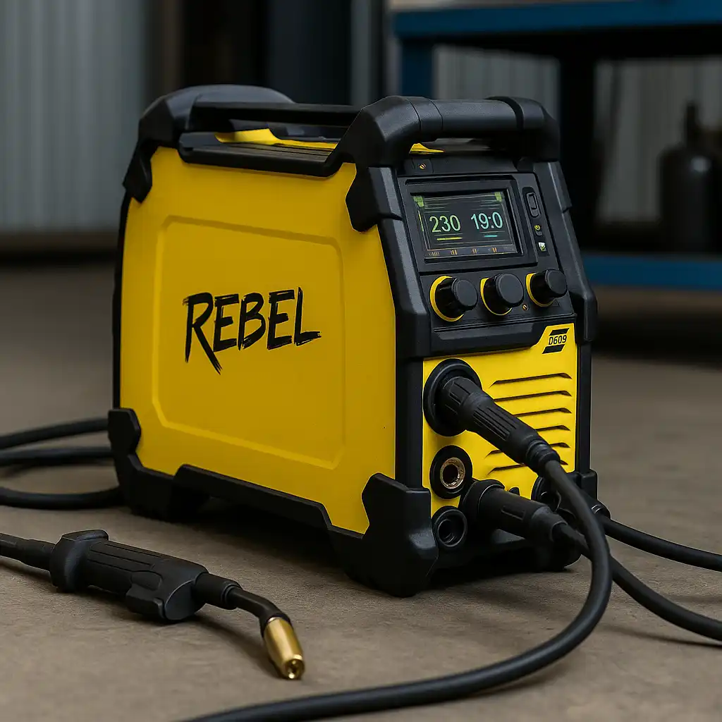 A high-resolution image of a yellow ESAB Rebel EMP 215ic welding machine sitting on a concrete workshop floor, with its control panel illuminated and MIG gun cables connected.
