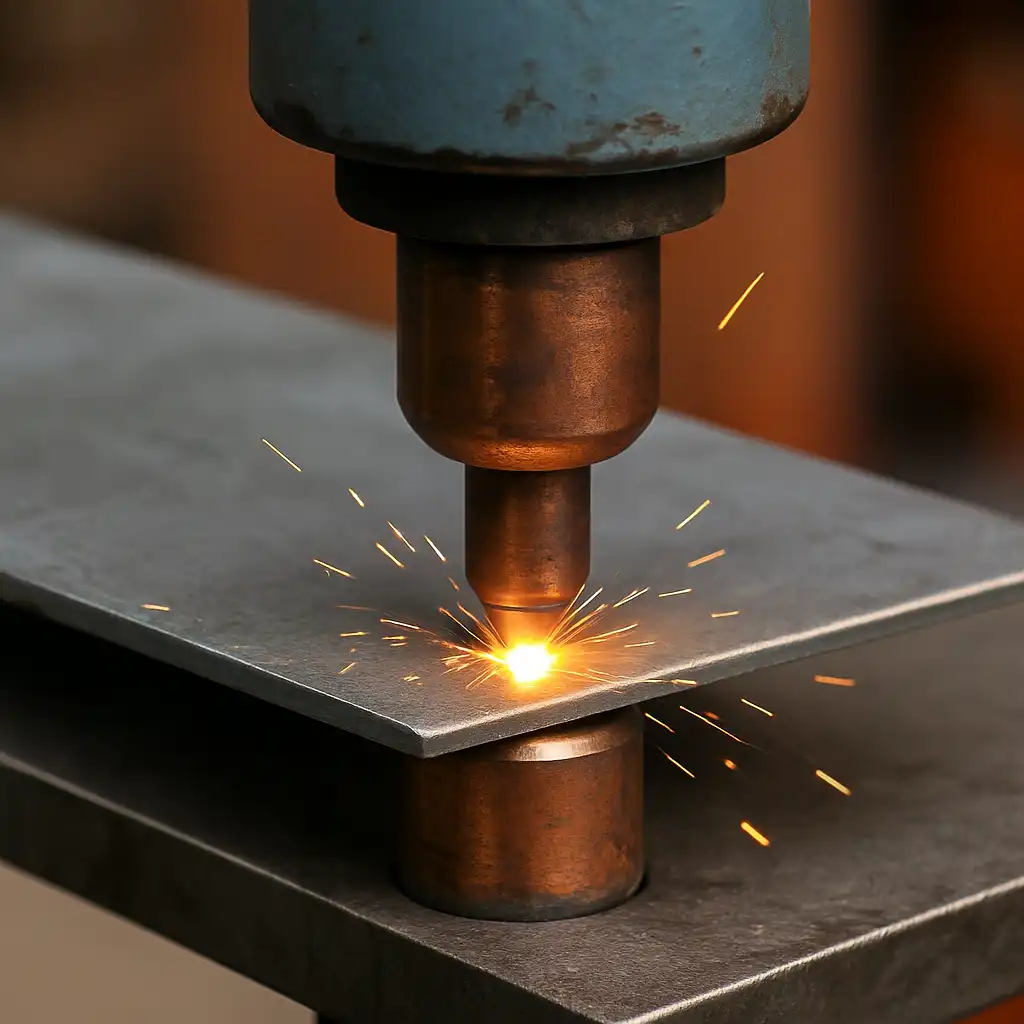 A close-up view of a spot welder clamping two metal sheets together on a workbench, with visible electrodes applying heat and pressure.
