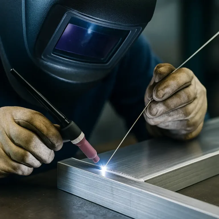 A welder is skillfully joining two pieces of aluminum using a TIG welding torch, with bright sparks and a clean workshop setup in the background.