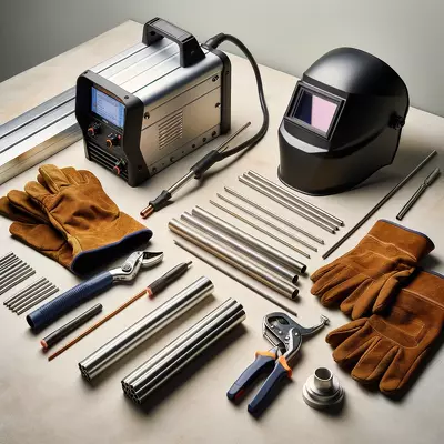 Beginner's TIG welding setup for aluminum with welder, gloves, helmet, and rods.