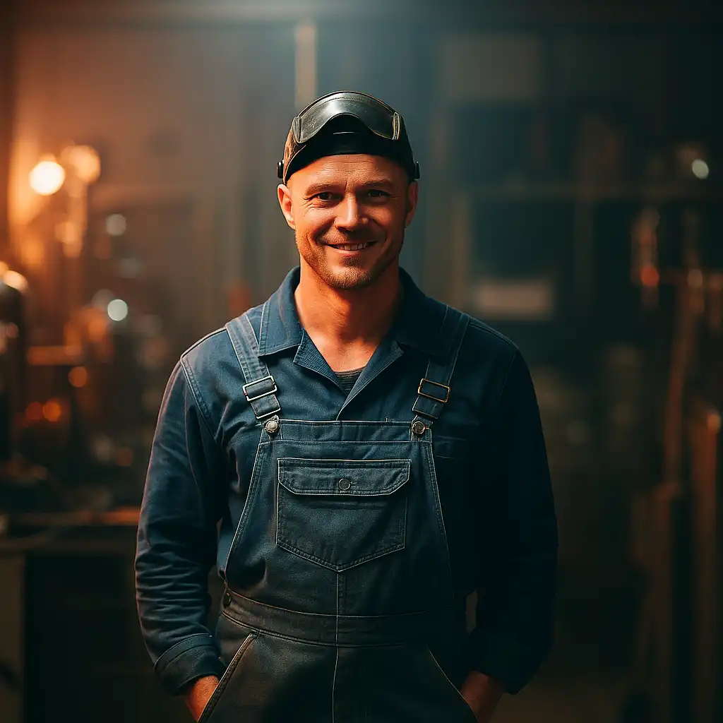 A welder standing confidently in the center of a workshop, dressed in blue coveralls and a lifted welding helmet, surrounded by industrial equipment and warm lighting.