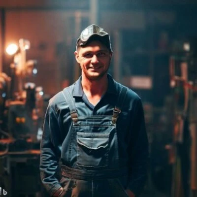 Confident welder in work attire smiling in an industrial workshop setting.