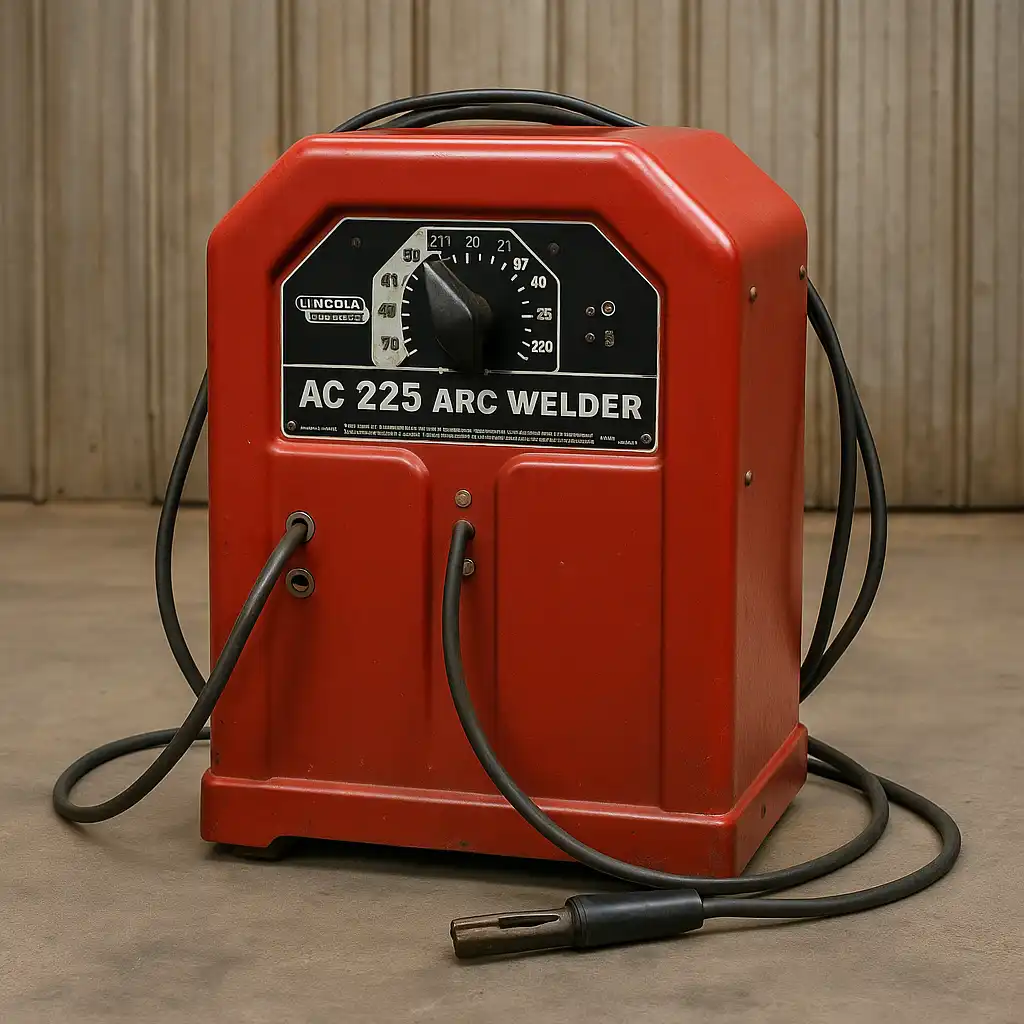 A Lincoln Electric AC-225 arc welder positioned in a workshop setting, showing its front dial and rugged red housing, ideal for heavy-duty stick welding tasks.