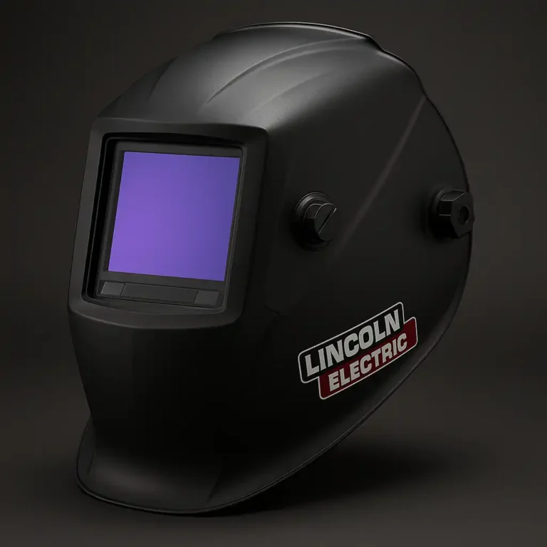 A digital photograph displays a Lincoln Electric Viking 3350 welding helmet with a matte black finish, featuring its large auto-darkening lens and 4C Lens Technology, positioned on a welding bench.