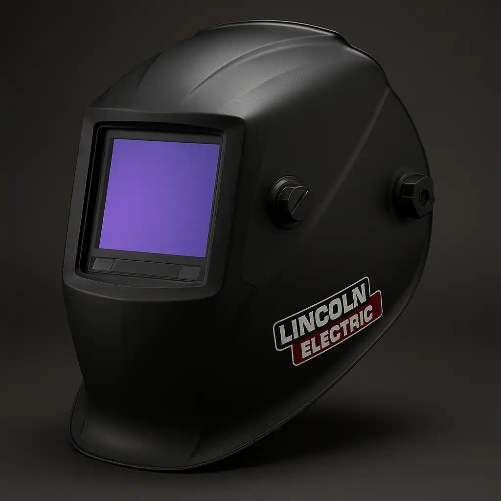 A digital photograph displays a Lincoln Electric Viking 3350 welding helmet with a matte black finish, featuring its large auto-darkening lens and 4C Lens Technology, positioned on a welding bench.