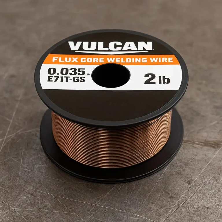 A digital photograph showcases a spool of Vulcan 0.035 in. E71T-GS flux core welding wire, labeled with a bold orange and white sticker, resting on a scratched metal workbench surface.