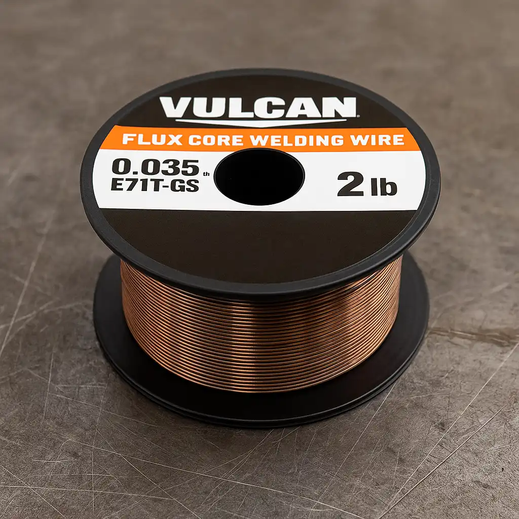 A digital photograph showcases a spool of Vulcan 0.035 in. E71T-GS flux core welding wire, labeled with a bold orange and white sticker, resting on a scratched metal workbench surface.