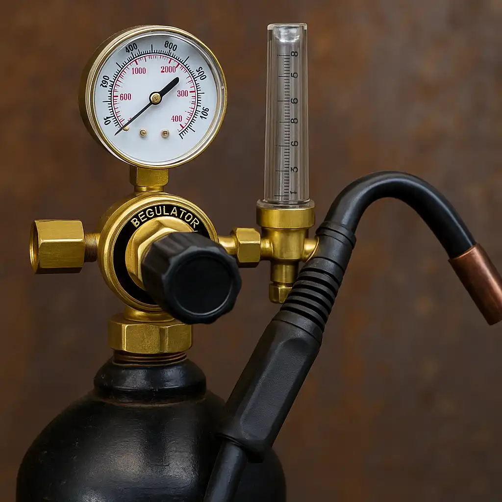 A detailed view of a MIG welding setup in action, showing the shielding gas hose connected to the welding torch, with visible sparks and metal fusion in a well-lit workshop.