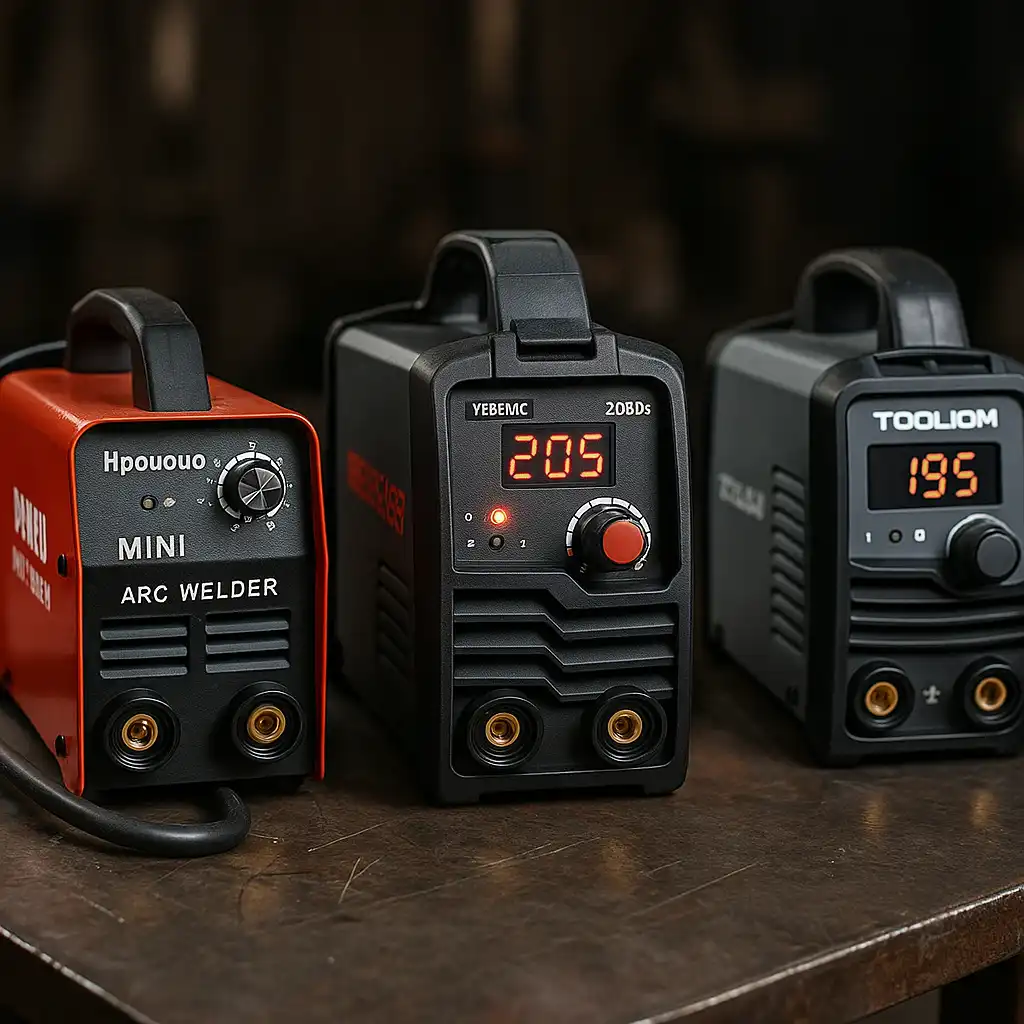 A photograph displays three stick welders side by side on a metal workbench—Hpoouo 200Amp, YESWELDER 205Amp, and TOOLIOM 195A—with their digital controls clearly visible.